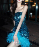 New Blue Sheath Sequin Design Strapless Feather Hem Party Dress Homecoming Dress HZ1024