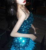 New Blue Sheath Sequin Design Strapless Feather Hem Party Dress Homecoming Dress HZ1024