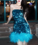 New Blue Sheath Sequin Design Strapless Feather Hem Party Dress Homecoming Dress HZ1024