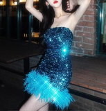New Blue Sheath Sequin Design Strapless Feather Hem Party Dress Homecoming Dress HZ1024