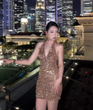 New Golden Sheath Sequin Design Halter Dress Party Dress Homecoming Dress HZ1024