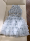 New Fashion Light Blue Beading A-line Tulle Short Tiered Party Dress Homecoming Dresses HZ1024