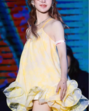 New Fashion Light Yellow Single Shoulder Strap Ruffled Hem Design Summer Party Dress Homecoming Dress HZ1024