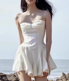 New Fashion White Sweetheart Spaghetti Strap Ruffled Hem Design Summer Party Dress HZ1024