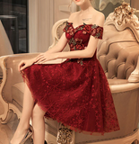 Vintage Burgundy Floral Applique Off-the-shoulder Design A-line Tulle Party Dress Homecoming Dress HZ1024