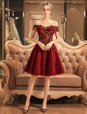 Vintage Burgundy Floral Applique Off-the-shoulder Design A-line Tulle Party Dress Homecoming Dress HZ1024