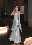 Vintage Blue Sweetheart Spaghetti Strap Mermaid Ruffled Hem Design Sexy Prom Dress Evening Dress HZ1024