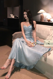 Vintage Blue Sweetheart Spaghetti Strap Mermaid Ruffled Hem Design Sexy Prom Dress Evening Dress HZ1024