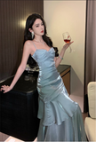Vintage Blue Sweetheart Spaghetti Strap Mermaid Ruffled Hem Design Sexy Prom Dress Evening Dress HZ1024