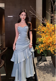 Vintage Blue Sweetheart Spaghetti Strap Mermaid Ruffled Hem Design Sexy Prom Dress Evening Dress HZ1024