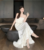 Vintage Ivory Strapless Ruffled Hem Design Elegant Beach Holiday A-Line Sleeveless Summer Dress HZ1024