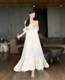 Vintage Ivory Strapless Ruffled Hem Design Elegant Beach Holiday A-Line Sleeveless Summer Dress HZ1024