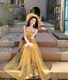 Vintage Yellow Bohemian Style Design Elegant Beach Holiday A-Line Sleeveless Halter Dress Summer Dress Party Dress HZ1024