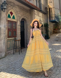Vintage Yellow Bohemian Style Design Elegant Beach Holiday A-Line Sleeveless Halter Dress Summer Dress Party Dress HZ1024