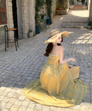 Vintage Yellow Bohemian Style Design Elegant Beach Holiday A-Line Sleeveless Halter Dress Summer Dress Party Dress HZ1024