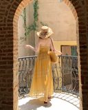 Vintage Yellow Bohemian Style Design Elegant Beach Holiday A-Line Sleeveless Halter Dress Summer Dress Party Dress HZ1024