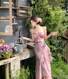 Vintage Pink Floral Irregular Hem Design Elegant Beach Holiday A-Line Sleeveless Halter Dress Summer Dress Party Dress HZ1024