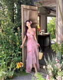Vintage Pink Floral Irregular Hem Design Elegant Beach Holiday A-Line Sleeveless Halter Dress Summer Dress Party Dress HZ1024