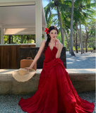 Vintage Burgundy V-neck Design Elegant Beach Holiday A-Line Sleeveless Halter Dress Summer Dress Party Dress HZ1024