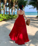 Vintage Burgundy V-neck Design Elegant Beach Holiday A-Line Sleeveless Halter Dress Summer Dress Party Dress HZ1024