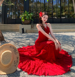 Vintage Burgundy V-neck Design Elegant Beach Holiday A-Line Sleeveless Halter Dress Summer Dress Party Dress HZ1024