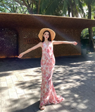 Vintage Pink Floral V-neck Design Elegant Beach Holiday Mermaid Sleeveless Halter Dress Summer Dress Party Dress HZ1024