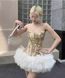 Vintage Khaki Strapless A-Line Short Summer Dresses Party Dress Homecoming Dress HZ1024