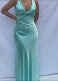 Vintage Satin V-neck Prom Dress Long Evening Dress Sheath Backless Formal Dress HZ1024