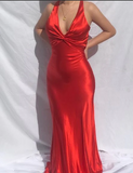 Vintage Satin V-neck Prom Dress Long Evening Dress Sheath Backless Formal Dress HZ1024