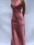 Vintage Satin V-neck Prom Dress Long Evening Dress Sheath Backless Formal Dress HZ1024