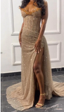 Elegant Champagne Strapless Prom Dress Sheath Beaded Strapless High Slit Evening Gown Long Party Dress Formal Dress HZ1024