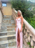 Elegant Pink Sweetheart Prom Dress Satin Sheath High Slit Spaghetti Strap Evening Gown Long Party Dress Formal Dress HZ1024