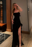 Elegant Black Prom Dress Sheath Strapless Evening Gown Long Party Dress High Slit Formal Dress HZ1024