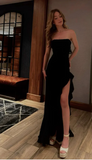 Elegant Black Prom Dress Sheath Strapless Evening Gown Long Party Dress High Slit Formal Dress HZ1024