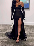 Elegant Black Sequin Prom Dress Sheath Evening Gown Long Party Dress High Slit Formal Dress HZ1024