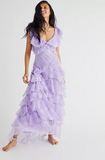 Elegant Lilac V-neck Prom Dress Lace Sheath Evening Gown Long Party Dress Tiered Formal Dress HZ1024