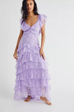 Elegant Lilac V-neck Prom Dress Lace Sheath Evening Gown Long Party Dress Tiered Formal Dress HZ1024