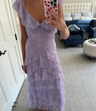 Elegant Lilac V-neck Prom Dress Lace Sheath Evening Gown Long Party Dress Tiered Formal Dress HZ1024