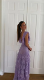 Elegant Lilac V-neck Prom Dress Lace Sheath Evening Gown Long Party Dress Tiered Formal Dress HZ1024