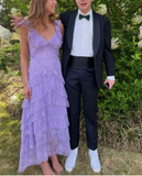 Elegant Lilac V-neck Prom Dress Lace Sheath Evening Gown Long Party Dress Tiered Formal Dress HZ1024