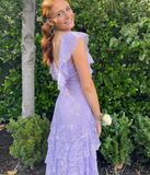 Elegant Lilac V-neck Prom Dress Lace Sheath Evening Gown Long Party Dress Tiered Formal Dress HZ1024