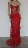 Elegant Red Lace Prom Dress Sequin Sheath Evening Gown Long Party Dress Spaghetti Strap Formal Dress HZ1024