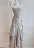Elegant Gray Satin Prom Dress Mermaid Evening Gown Long Party Dress Spaghetti Strap Formal Dress HZ1024