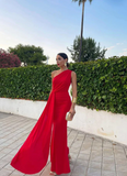 Elegant Red One-shoulder Prom Dress Sheath Evening Gown Chiffon Party Dress Wedding Long Formal Dress HZ1024