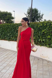 Elegant Red One-shoulder Prom Dress Sheath Evening Gown Chiffon Party Dress Wedding Long Formal Dress HZ1024