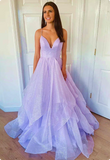 Vintage Lilac Glittering Tiered Spaghetti Strap Sweet 16 Quinceanera A-Line Floor-length Prom Dress Birthday Dress Evening Dress Ball Gown HZ1024