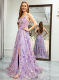 Elegant Floral Spaghetti Strap Prom Dress A-Line Applique Evening Gown High Slit Party Dress Long Formal Dress HZ1024