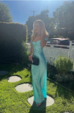 Elegant Aqua Satin Prom Dress Sheath Evening Gown Off-the-shoulder Party Dress Long Formal Dress HZ1024