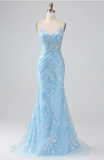Elegant Light Blue Sequin Prom Dress Sheath V-neck Evening Gown Spaghetti Strap Party Dress Long Formal Dress HZ1024