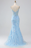Elegant Light Blue Sequin Prom Dress Sheath V-neck Evening Gown Spaghetti Strap Party Dress Long Formal Dress HZ1024
